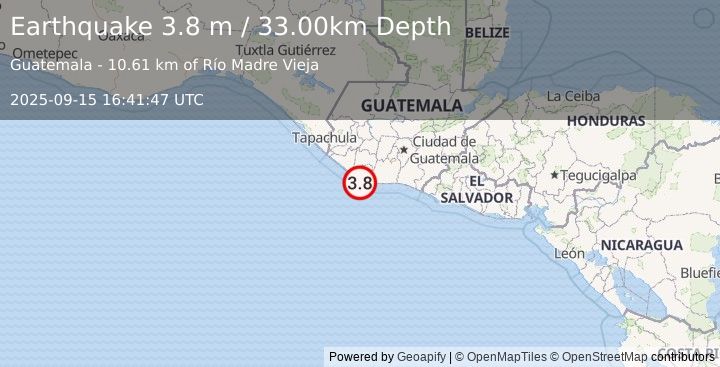 Earthquake OFFSHORE GUATEMALA (3.8 m) (2025-09-15 16:41:47 UTC)