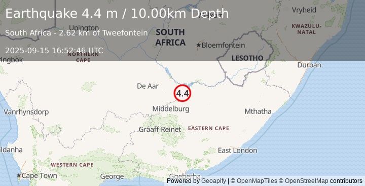 Earthquake SOUTH AFRICA (4.4 m) (2025-09-15 16:52:46 UTC)