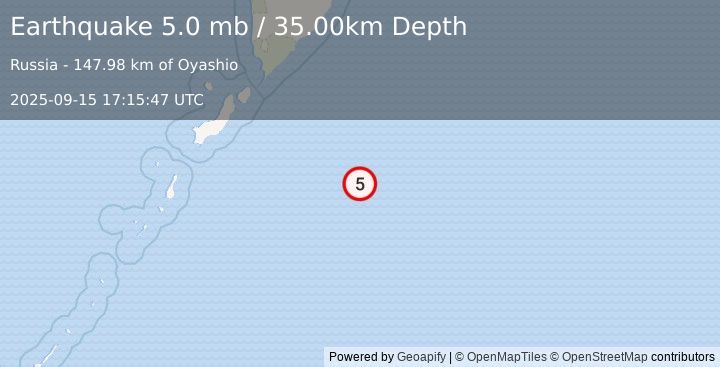Earthquake EAST OF KURIL ISLANDS (5.0 mb) (2025-09-15 17:15:42 UTC)