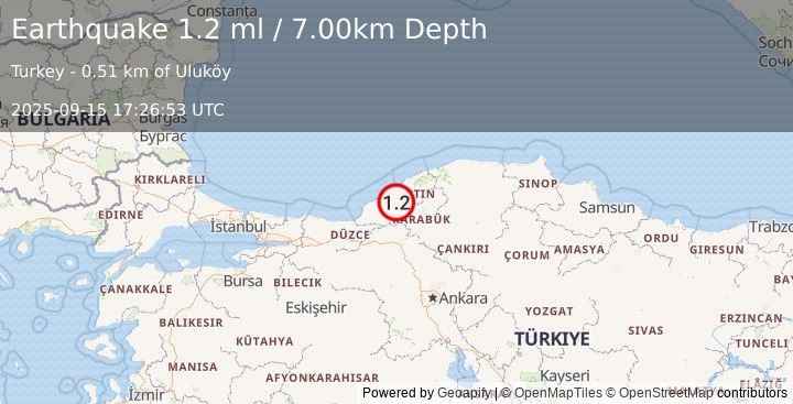 Earthquake CENTRAL TURKEY (1.2 ml) (2025-09-15 17:26:53 UTC)