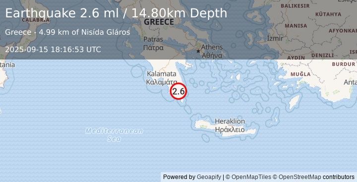 Earthquake SOUTHERN GREECE (2.6 ml) (2025-09-15 18:16:53 UTC)