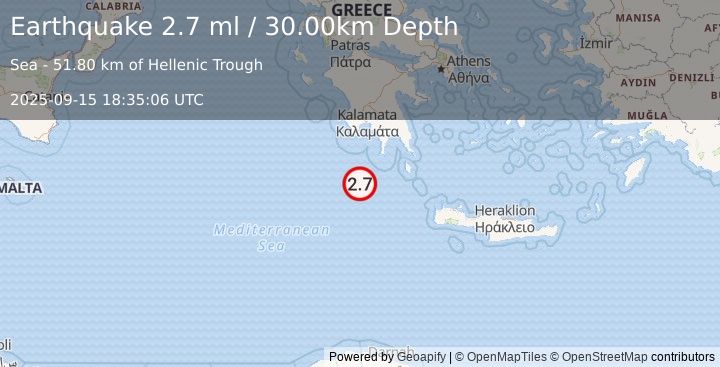 Earthquake CENTRAL MEDITERRANEAN SEA (2.7 ml) (2025-09-15 18:35:06 UTC)