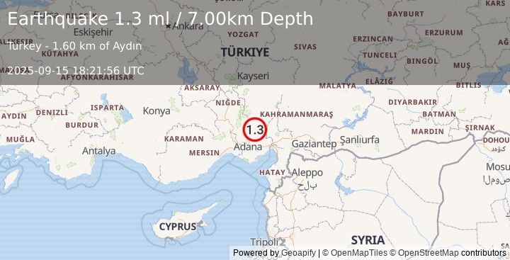 Earthquake CENTRAL TURKEY (1.3 ml) (2025-09-15 18:21:56 UTC)