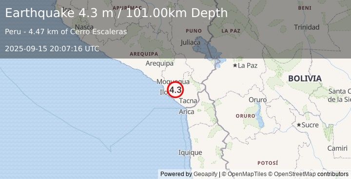 Earthquake SOUTHERN PERU (4.3 m) (2025-09-15 20:07:17 UTC)
