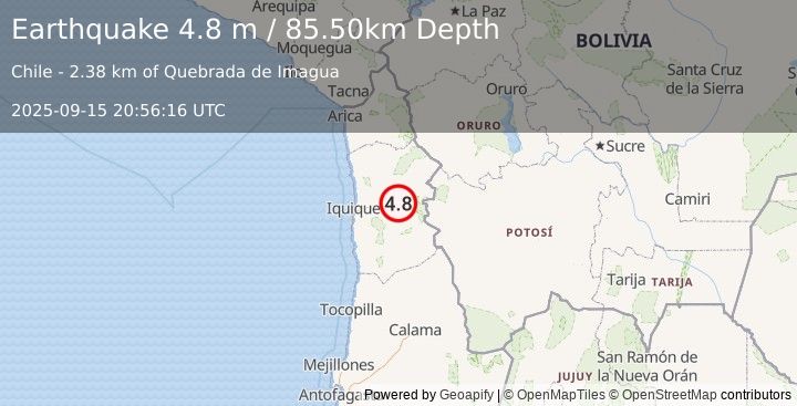 Earthquake TARAPACA, CHILE (4.9 mb) (2025-09-15 20:56:13 UTC)