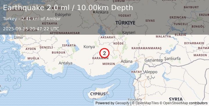 Earthquake CENTRAL TURKEY (2.0 ml) (2025-09-15 20:47:22 UTC)