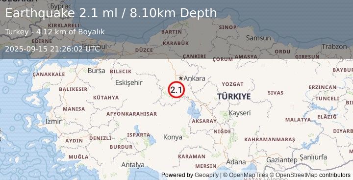 Earthquake CENTRAL TURKEY (2.1 ml) (2025-09-15 21:26:02 UTC)
