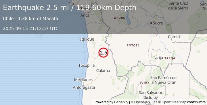 Earthquake TARAPACA, CHILE (2.5 ml) (2025-09-15 21:12:57 UTC)
