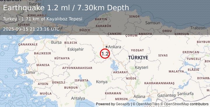 Earthquake CENTRAL TURKEY (1.2 ml) (2025-09-15 21:23:16 UTC)