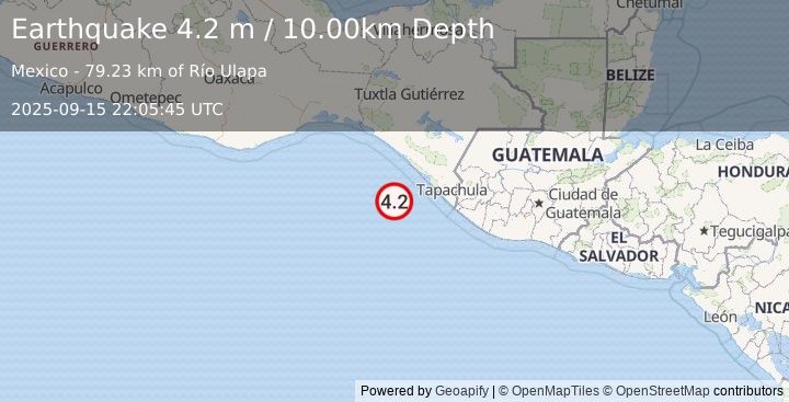 Earthquake OFFSHORE CHIAPAS, MEXICO (4.2 m) (2025-09-15 22:05:45 UTC)