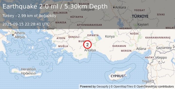 Earthquake WESTERN TURKEY (2.0 ml) (2025-09-15 22:28:41 UTC)
