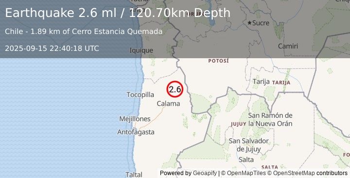 Earthquake ANTOFAGASTA, CHILE (2.6 ml) (2025-09-15 22:40:18 UTC)