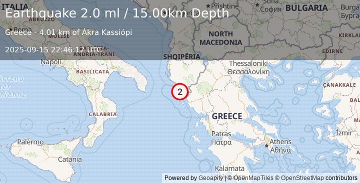Earthquake KERKIRA REGION, GREECE (2.0 ml) (2025-09-15 22:46:12 UTC)