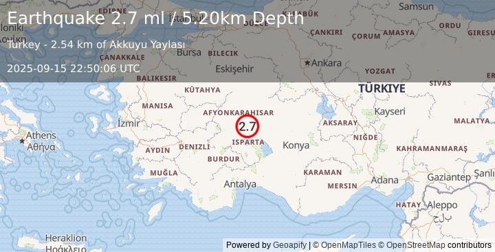 Earthquake WESTERN TURKEY (2.7 ml) (2025-09-15 22:50:06 UTC)