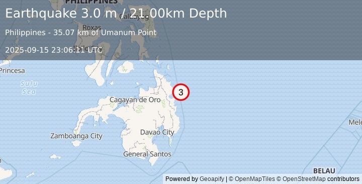 Earthquake MINDANAO, PHILIPPINES (3.0 m) (2025-09-15 23:06:11 UTC)