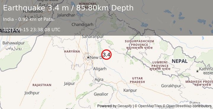 Earthquake UTTAR PRADESH, INDIA (3.4 m) (2025-09-15 23:38:08 UTC)