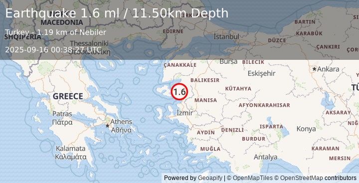 Earthquake NEAR THE COAST OF WESTERN TURKEY (1.6 ml) (2025-09-16 00:38:27 UTC)