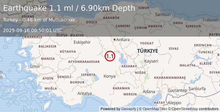 Earthquake CENTRAL TURKEY (1.1 ml) (2025-09-16 00:50:01 UTC)