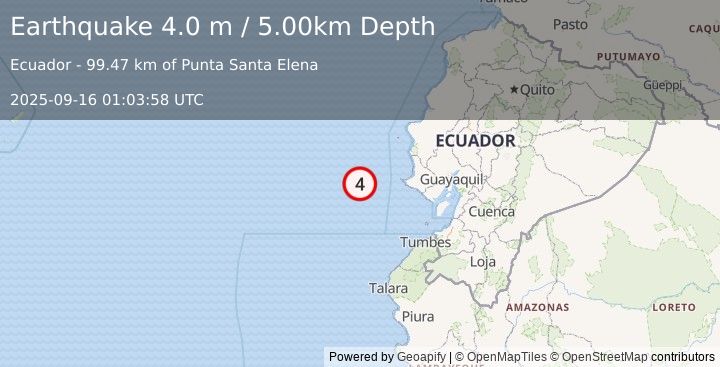 Earthquake NEAR COAST OF ECUADOR (4.0 m) (2025-09-16 01:03:58 UTC)