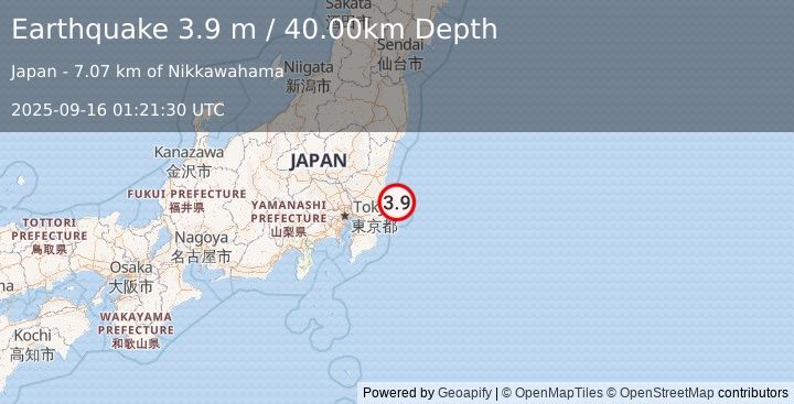 Earthquake NEAR EAST COAST OF HONSHU, JAPAN (3.9 m) (2025-09-16 01:21:30 UTC)