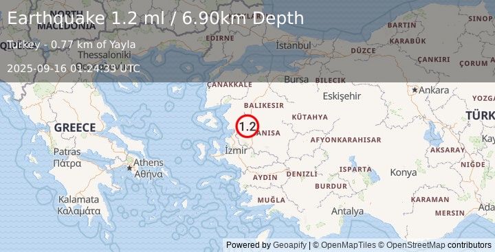Earthquake WESTERN TURKEY (1.2 ml) (2025-09-16 01:24:33 UTC)