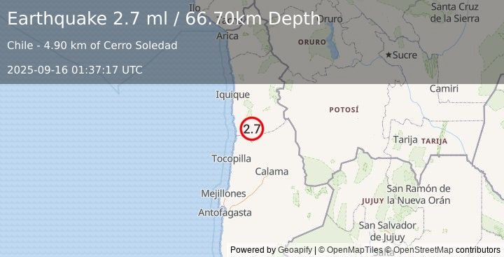 Earthquake TARAPACA, CHILE (2.7 ml) (2025-09-16 01:37:17 UTC)