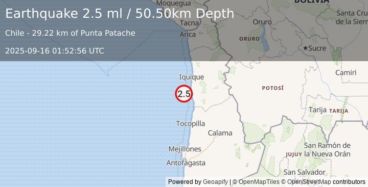 Earthquake OFFSHORE TARAPACA, CHILE (2.5 ml) (2025-09-16 01:52:56 UTC)