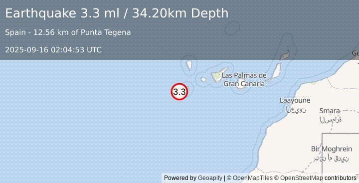 Earthquake CANARY ISLANDS, SPAIN REGION (3.3 ml) (2025-09-16 02:04:53 UTC)