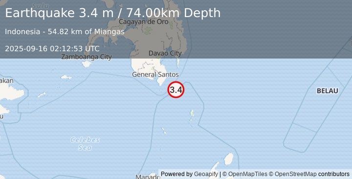Earthquake MINDANAO, PHILIPPINES (3.4 m) (2025-09-16 02:12:53 UTC)