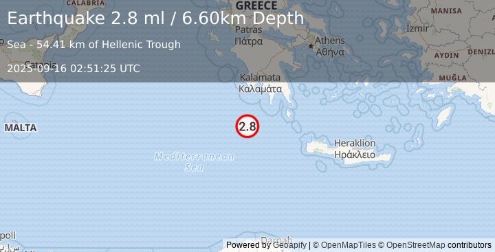 Earthquake CENTRAL MEDITERRANEAN SEA (2.8 ml) (2025-09-16 02:51:25 UTC)