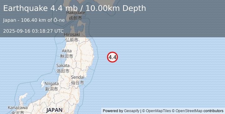Earthquake OFF EAST COAST OF HONSHU, JAPAN (4.4 mb) (2025-09-16 03:18:27 UTC)