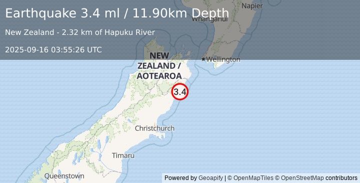 Earthquake SOUTH ISLAND OF NEW ZEALAND (3.4 ml) (2025-09-16 03:55:26 UTC)
