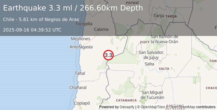 Earthquake ANTOFAGASTA, CHILE (3.3 ml) (2025-09-16 04:39:52 UTC)