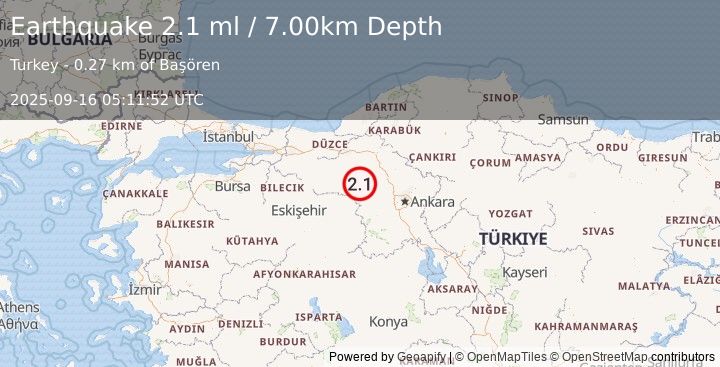 Earthquake WESTERN TURKEY (2.1 ml) (2025-09-16 05:11:52 UTC)