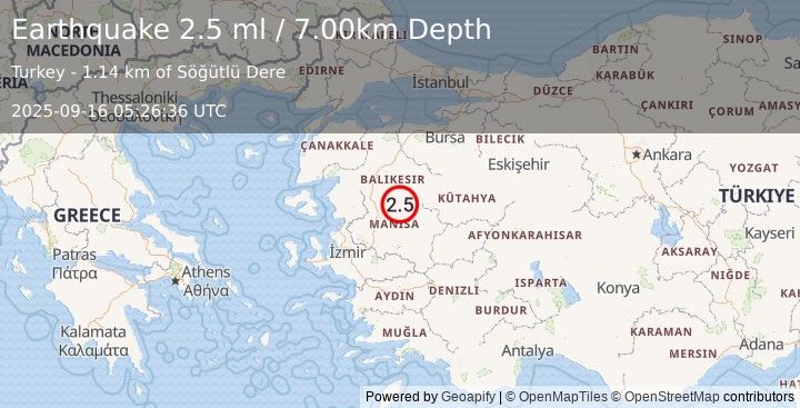 Earthquake WESTERN TURKEY (2.5 ml) (2025-09-16 05:26:36 UTC)