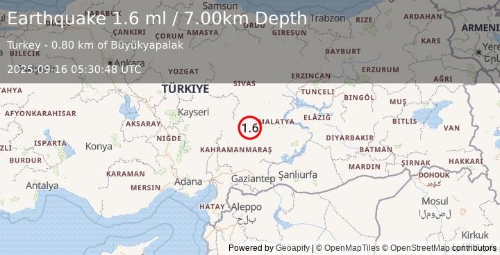 Earthquake CENTRAL TURKEY (1.6 ml) (2025-09-16 05:30:48 UTC)