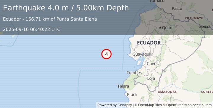 Earthquake OFF COAST OF ECUADOR (4.0 m) (2025-09-16 06:40:22 UTC)