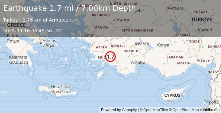 Earthquake WESTERN TURKEY (1.7 ml) (2025-09-16 06:49:56 UTC)