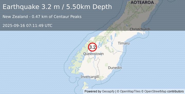 Earthquake SOUTH ISLAND OF NEW ZEALAND (3.2 m) (2025-09-16 07:11:49 UTC)