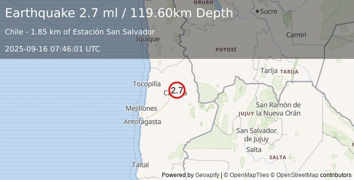 Earthquake ANTOFAGASTA, CHILE (2.7 ml) (2025-09-16 07:46:01 UTC)