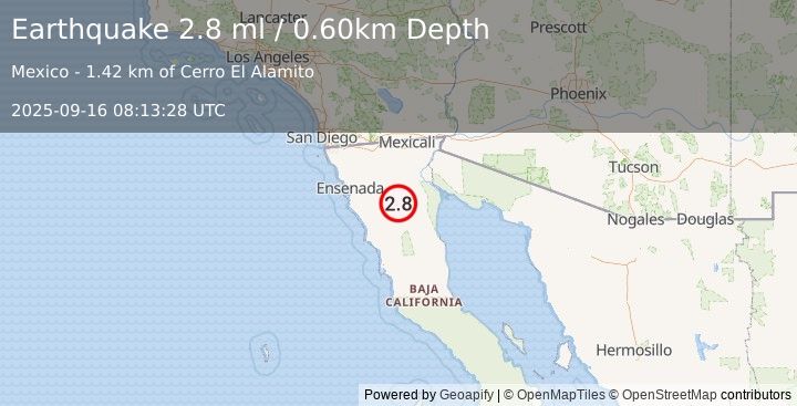 Earthquake BAJA CALIFORNIA, MEXICO (2.8 ml) (2025-09-16 08:13:28 UTC)