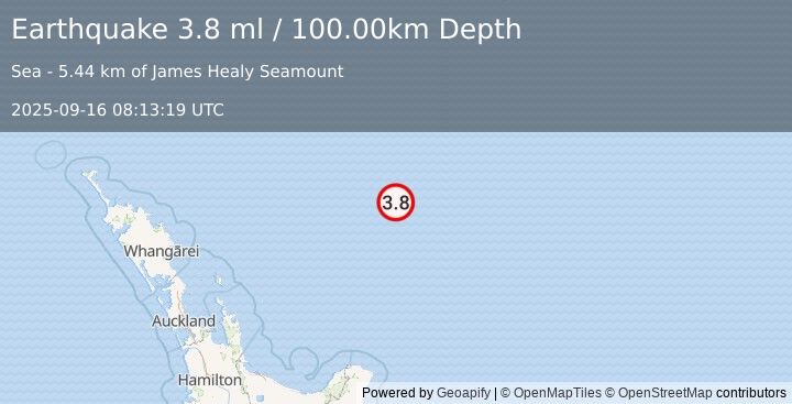 Earthquake SOUTH OF KERMADEC ISLANDS (3.8 ml) (2025-09-16 08:13:19 UTC)