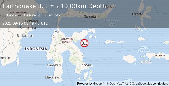 Earthquake SULAWESI, INDONESIA (3.3 m) (2025-09-16 08:49:45 UTC)