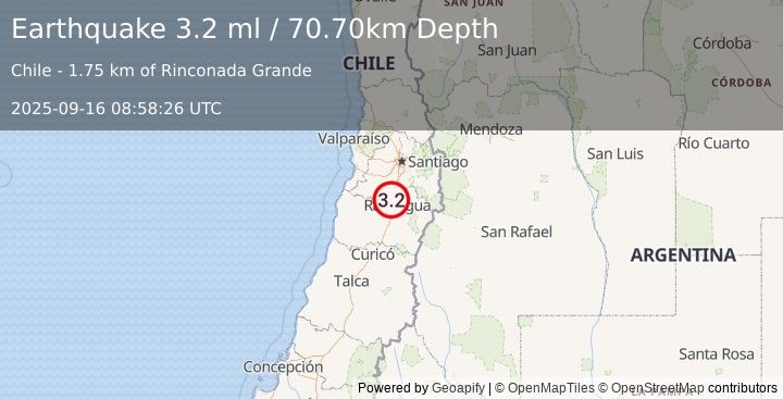 Earthquake LIBERTADOR O'HIGGINS, CHILE (3.2 ml) (2025-09-16 08:58:26 UTC)
