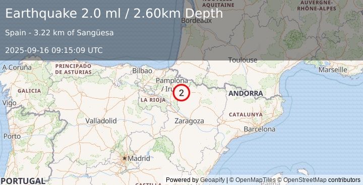 Earthquake PYRENEES (2.0 ml) (2025-09-16 09:15:09 UTC)