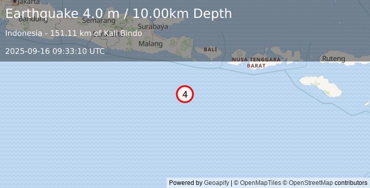 Earthquake SOUTH OF BALI, INDONESIA (4.0 m) (2025-09-16 09:33:10 UTC)