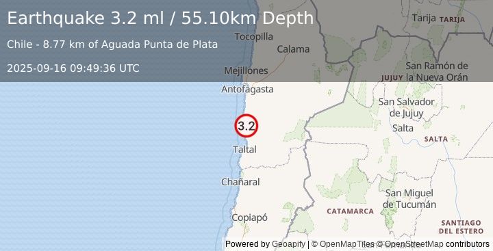 Earthquake ANTOFAGASTA, CHILE (3.2 ml) (2025-09-16 09:49:36 UTC)