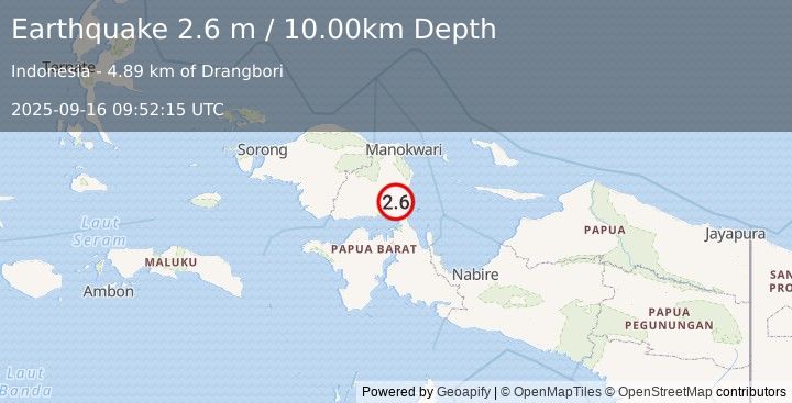 Earthquake PAPUA, INDONESIA (2.6 m) (2025-09-16 09:52:15 UTC)