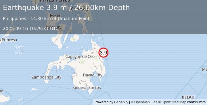 Earthquake MINDANAO, PHILIPPINES (3.9 m) (2025-09-16 10:29:31 UTC)