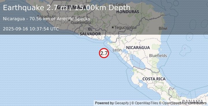 Earthquake NEAR COAST OF NICARAGUA (2.7 m) (2025-09-16 10:37:54 UTC)